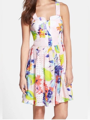 Trina Turk “Elin” Water Color fit & flare eyelet adjustable sun dress- 6
