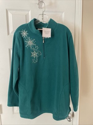 Quacker Factory NWT Sz L Gorgeous  rhinestone Bling teal blue fleece Long Sleeve