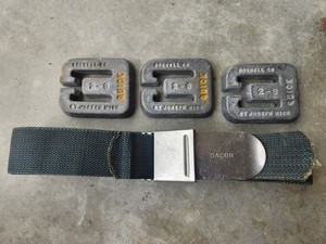 Vintage DONNELL Co. Scuba Weights x3 St Joseph Mich & DACOR Belt -Very Nice !!