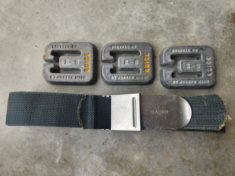 Vintage DONNELL Co. Scuba Weights x3 St Joseph Mich & DACOR Belt -Very Nice !!