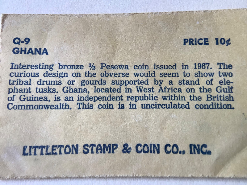 Ghana 1967 Peseta Coin in Littleton Coin Co Envelope Uncirculated