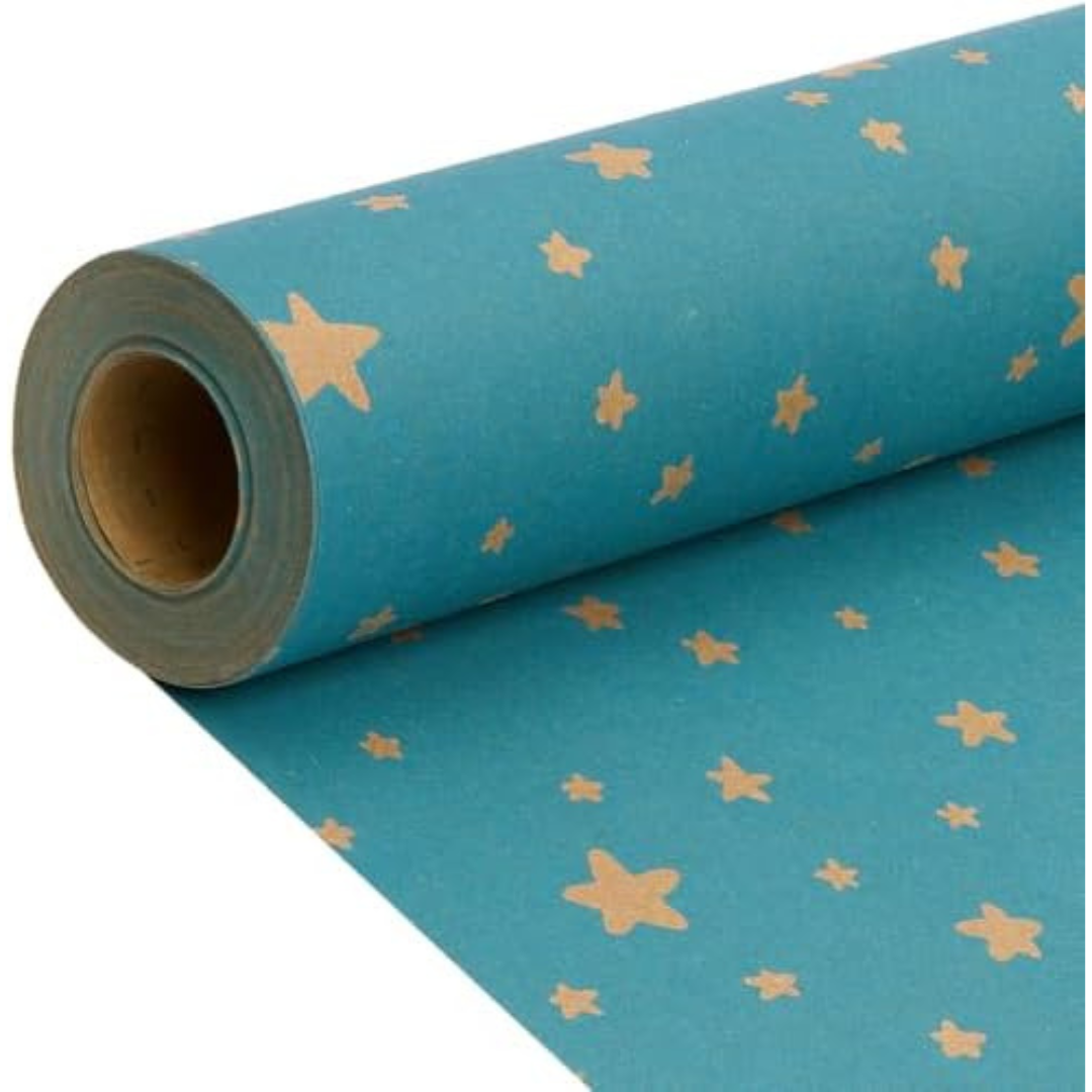 Gift Wrapping Paper Roll for Birthday, 43cm*15M Recyclable Blue Star Kraft Paper
