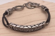 Black and Silver Tone Rhinestone Leather Fashion Bracelet Missing One Stone