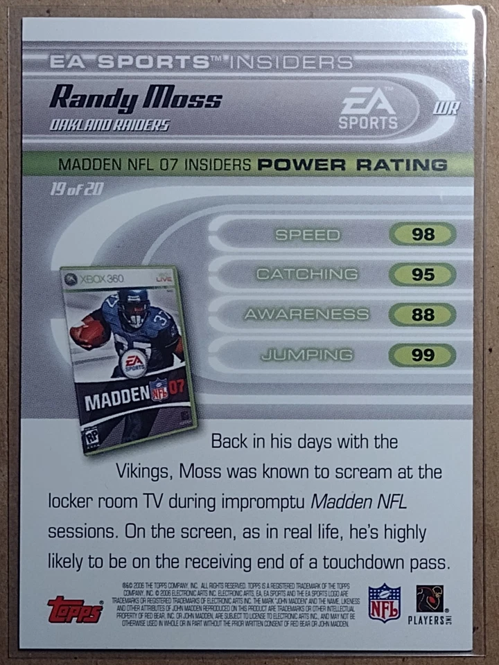 2006 Topps EA Sports Insiders Madden 07 #19 of 20 Randy Moss Insert Card - Image 2 of 4