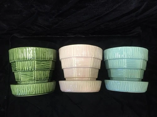 Vintage McCoy 4” Basket Weave Flower Pots Planters Set Of 3 Aqua-Pink-Green