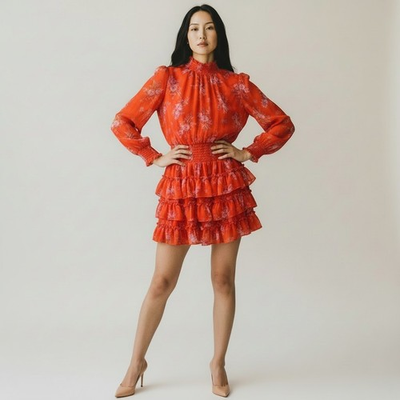 #ad Tangerine Orange Floral Tiered Ruffle Mini Dress XS Cottagecore Prairie Express $32.99