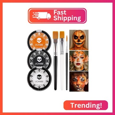 White Foundation + Black Orange Face Body Paint with Brushes for Halloween Pumpk