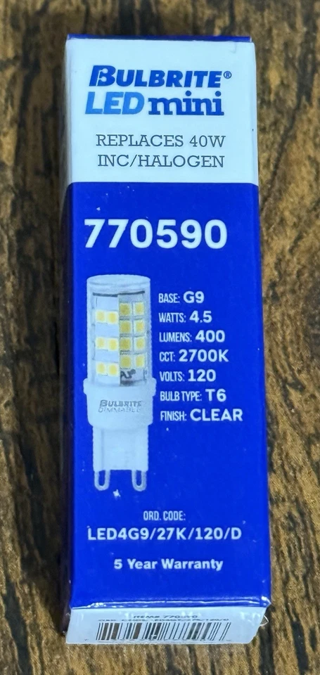 5 Pack- Bulbrite 770590 LED Mini Bulb 4.5W=40W 120V T4 2-Pin G9 Base Clear 27K - Image 2 of 4