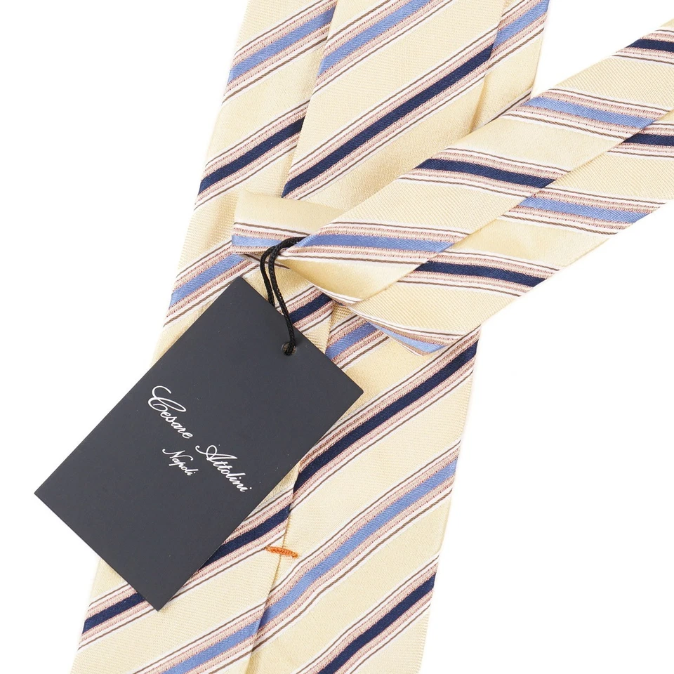 Cesare Attolini Napoli желтый атласный шелковый галстук с синей лентой полоски новый с Ярлыками - Изображение 3 из 4