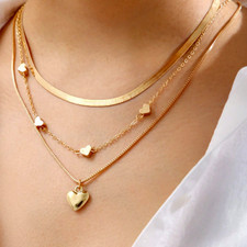 3 Pcs Womens Necklace Heart Pendant 18K Gold Plated Stainless Steel Jewelry Gift