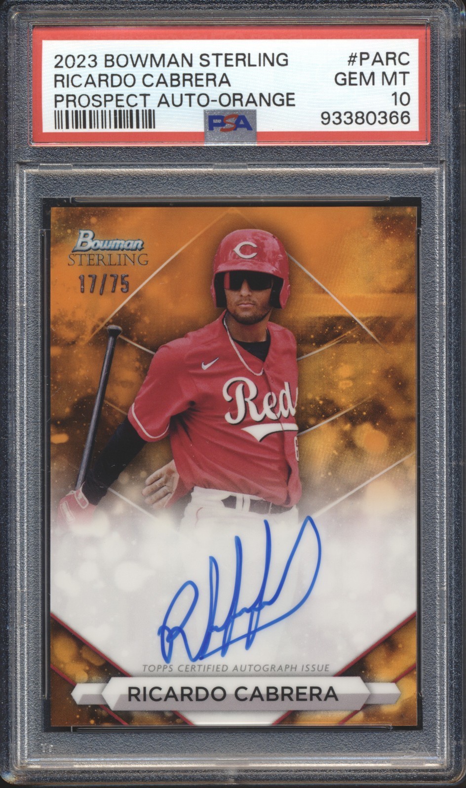 2023 Bowman Sterling Prospect AUTO ORANGE /75 Ricardo Cabrera ROOKIE PSA 10 REDS