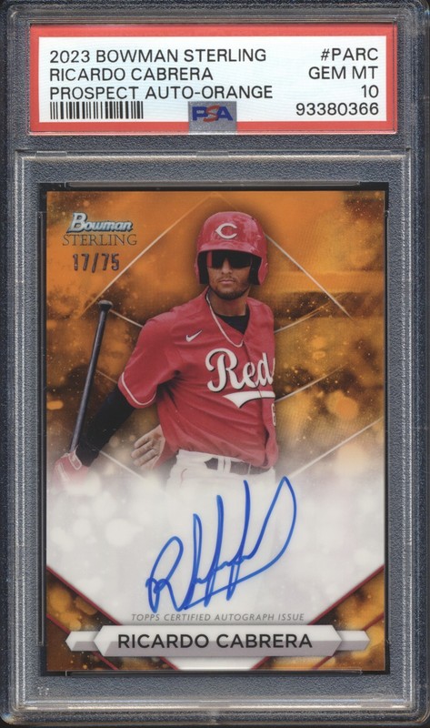 2023 Bowman Sterling Prospect AUTO ORANGE /75 Ricardo Cabrera ROOKIE PSA 10 REDS
