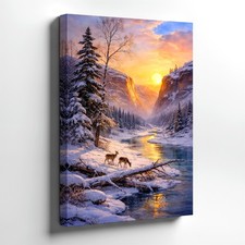 Wall Art Winter Sunset River Valley Deer Snowy Mountain Forest Landscape Print
