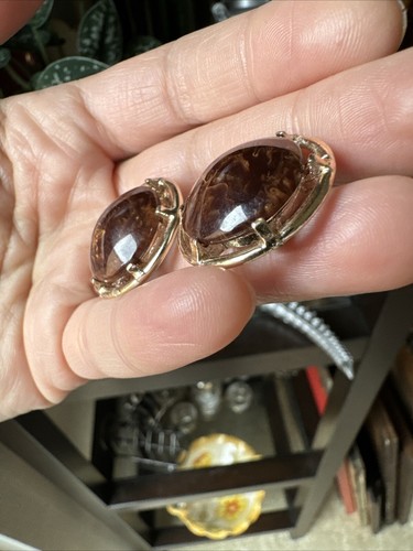 ❤️ ANTIQUE BROWN BAKELITE GOLD EARRINGS ClipOn Plum PINUP VLV ROCKABILLY VIVA LV - Picture 3 of 9