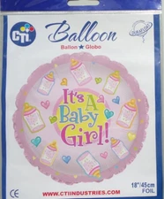 CTi Helium Foil Balloon 18" Round New Baby It's a Baby Girl Pink Bottles Hearts