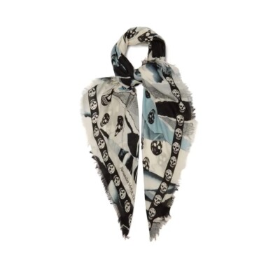 Alexander McQueen The skull and abstract rose motif Blue scarf NWT