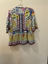 Johnny Was Theda Tunic 100 Silk Blouse Pom Pom Floral Print Size Small
