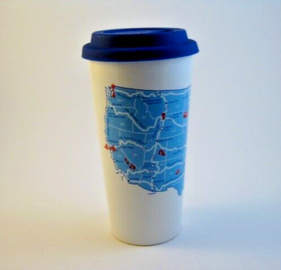 USA Map Ceramic Travel Cup 18oz w/ Top & Band Keeps Drink Hot TESTED No Leaks