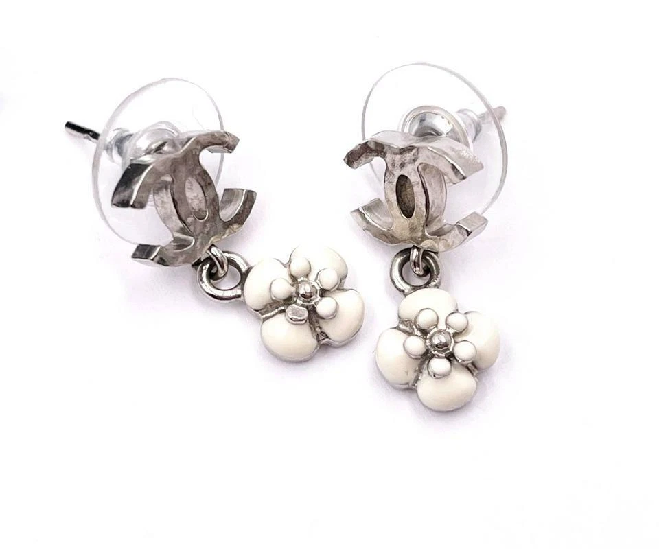 Chanel Silver CC White Flower Dangle Piercing Earrings