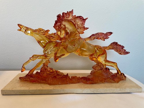 Amber Mid Century Lucite Acrylic Sculpture Two Horses on Marble Base