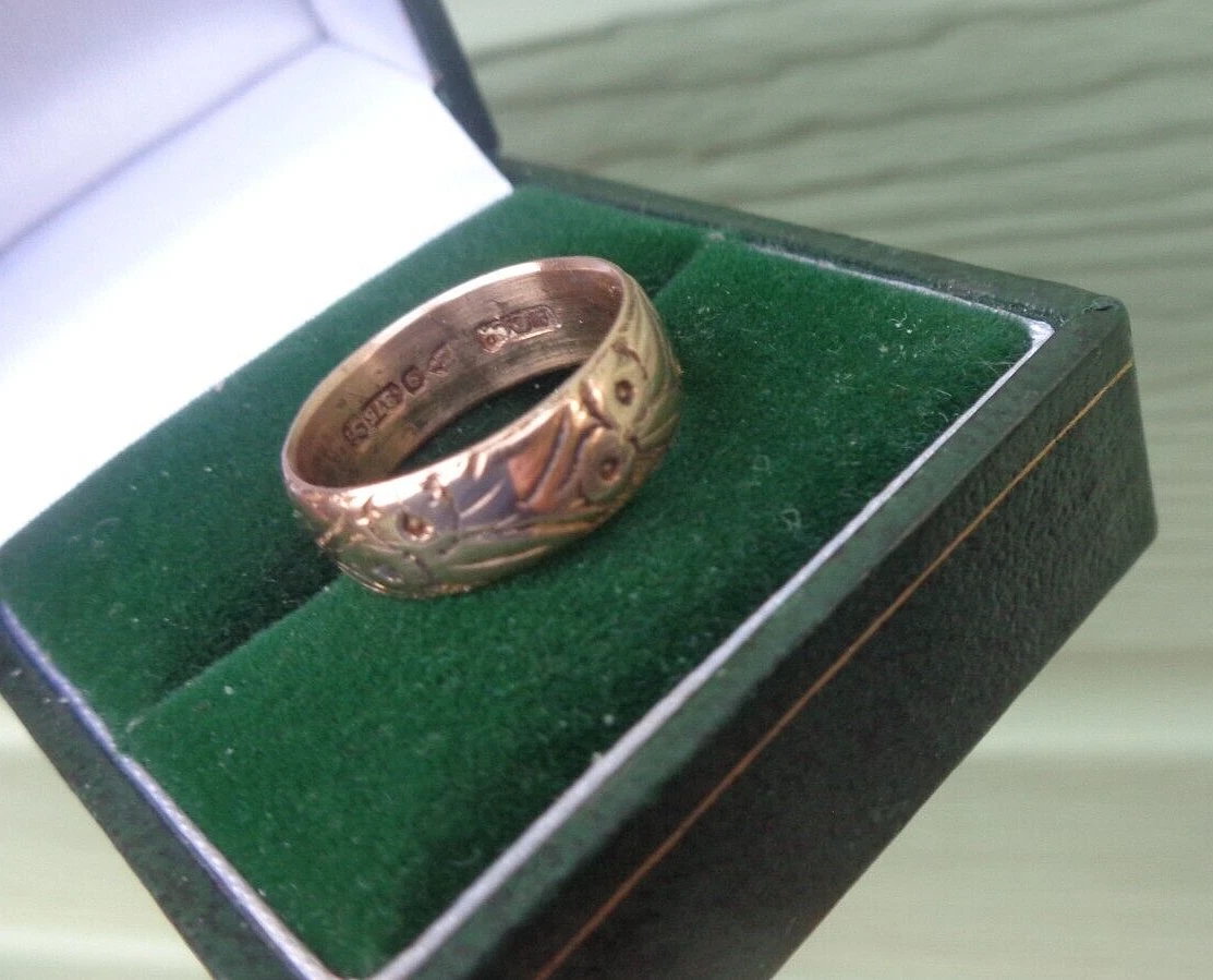 Anillo Banda Boda Oro Rosa 9ct Floral Antiguo 1911 Chester Talla J-K