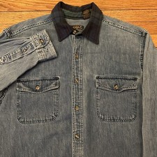 Vintage Eddie Bauer Denim Longsleeve Shirt Large Men Made In USA Plaid Collar