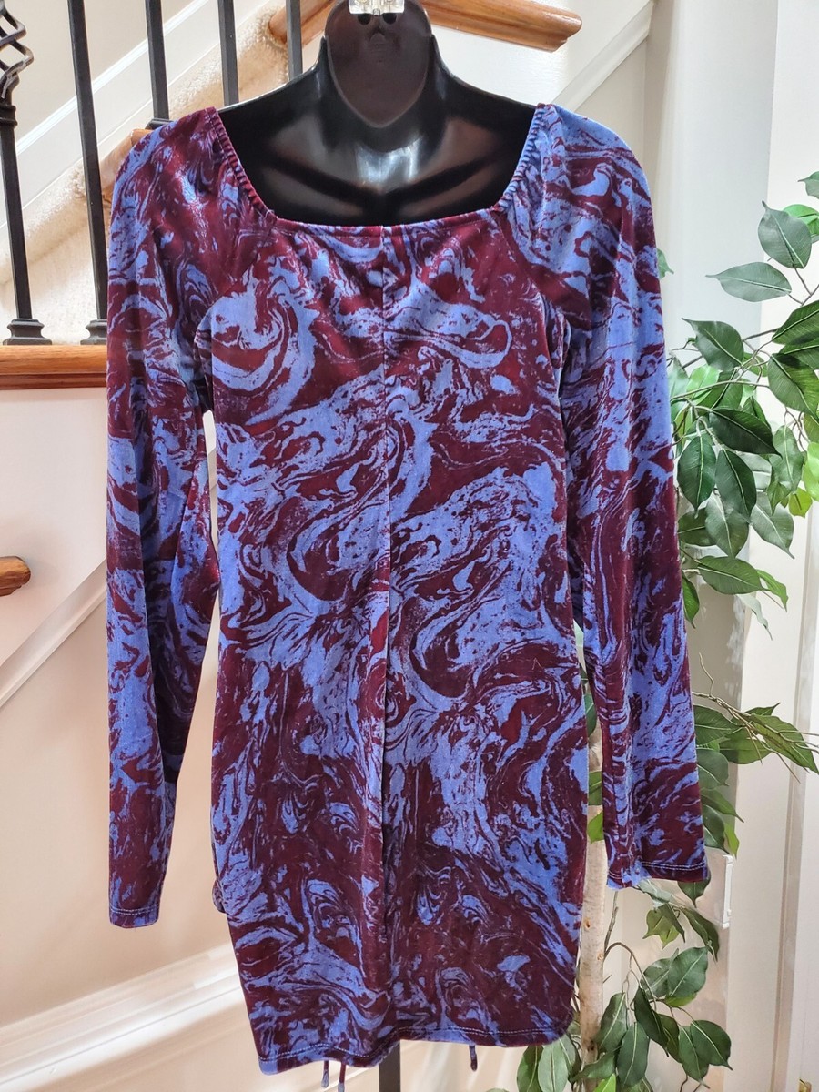 wild fable purple dress Wild Fable Purple Blue Velvet Ruched Square Neck Long Sleeve Short Dress  Large