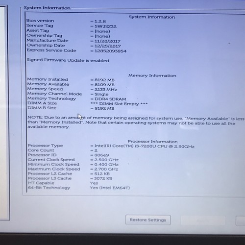 Dell Inspirion 5567 15.6" Laptop i5-7200U 8GB RAM No HDD Boots/Bios No OS H2587 - Picture 2 of 12