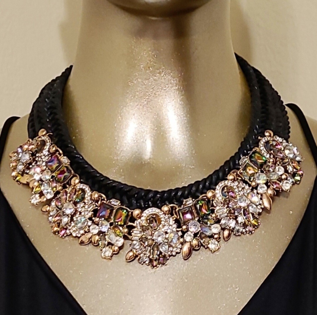 New Crystal Aurora Borealis Statement Gold Necklace & Earrings Set