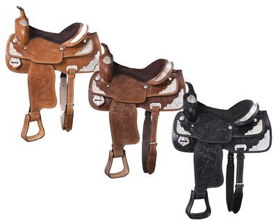 17'' Leather Tooled Show Saddle - Silver Accents - Black, Dark Oil or Medium Oil