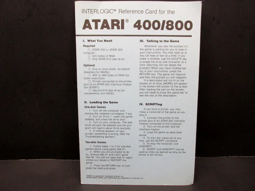 Infocom Interlogic Reference Card For Atari 400 / 800