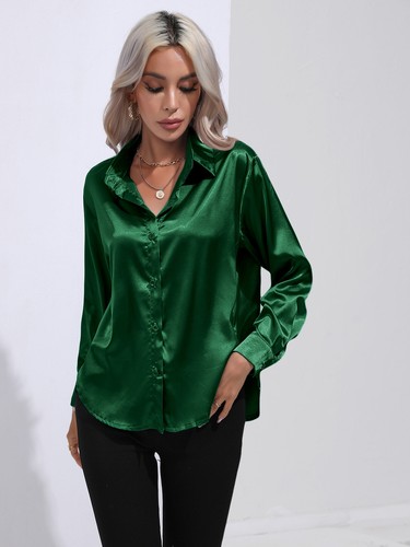 Elegant Women Satin Shirt Solid Color Long Sleeve Blouse Casual Button Down Tops - Picture 68 of 117