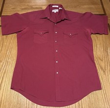 Mens Sheplers Button Up Shirt Short Sleeve Western Wear Pearl Snap Burgundy 16.5