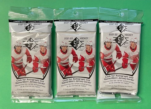 LOT OF (3) 2021-22 UPPER DECK SP HOCKEY SEALED HANGER PACKS (3 PACKS PER HANGER)