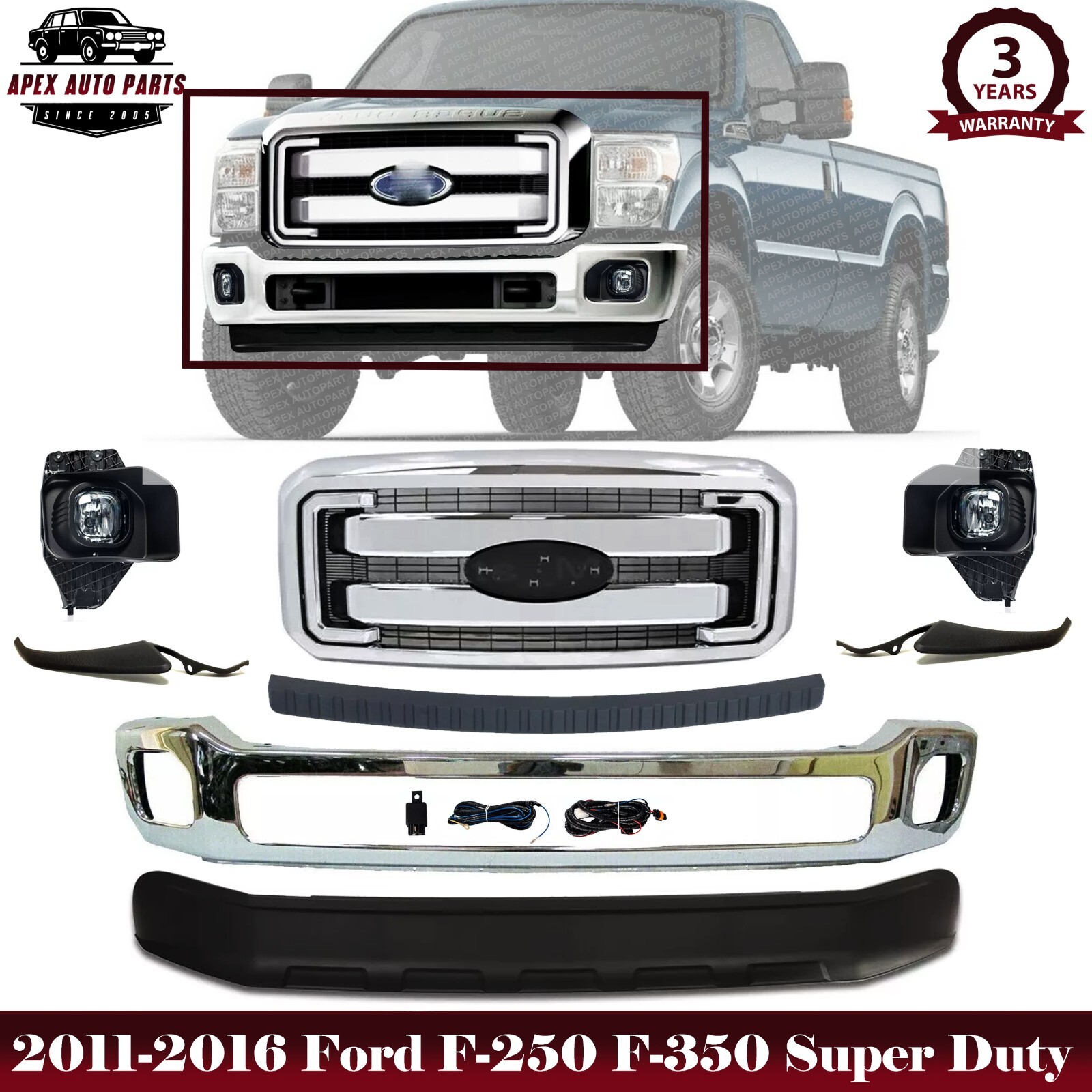 Front Bumper Valance Fog Light & Grille For 2011-2016 Ford F-250 F-350 Super Dut