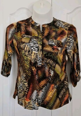 WOMAN'S NOTATIONS SIZE PL  3/4 SLEEVE PULL ON BLOUSE TOP SAFARI LEAF PRINT