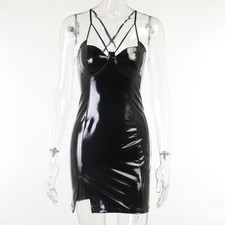 Women Faux Patent Leather Dress Strappy Spaghetti Slim Slit Punk Gothic