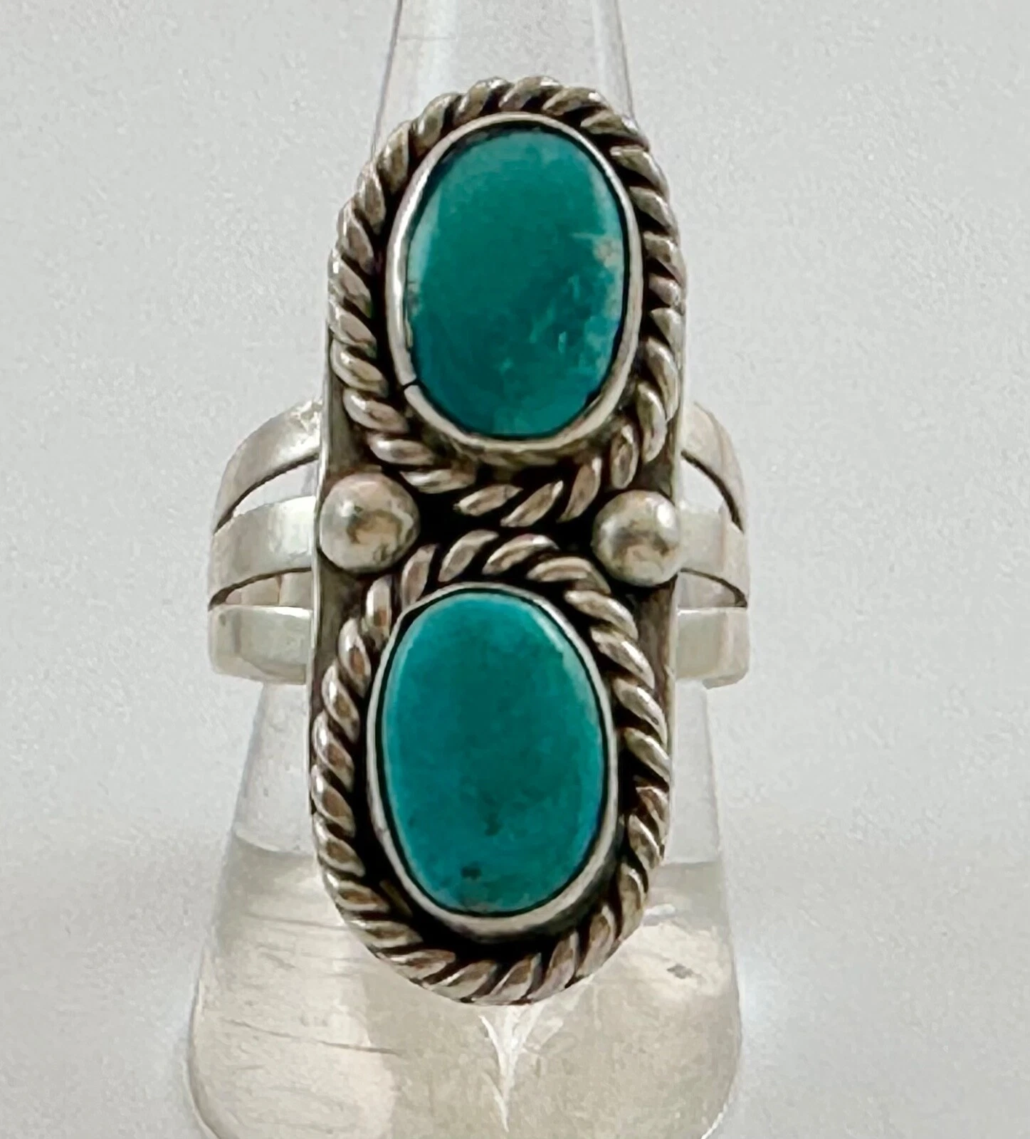 Vtg Native American Sterling Silver 2 Blue Turquoise Wide Cable Ring Size 8 FZZ