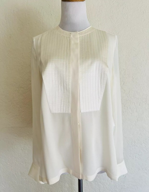$750 ESCADA Nabhi Ivory Sheer Silk Bib Front Button Up Shirt Long Sleeve 4 DE 34