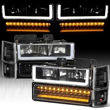 Fit 1994-1998 Gmc 1500 2500 3500 C10 Ck Black Headlights Led Bar Bumper Lamps
