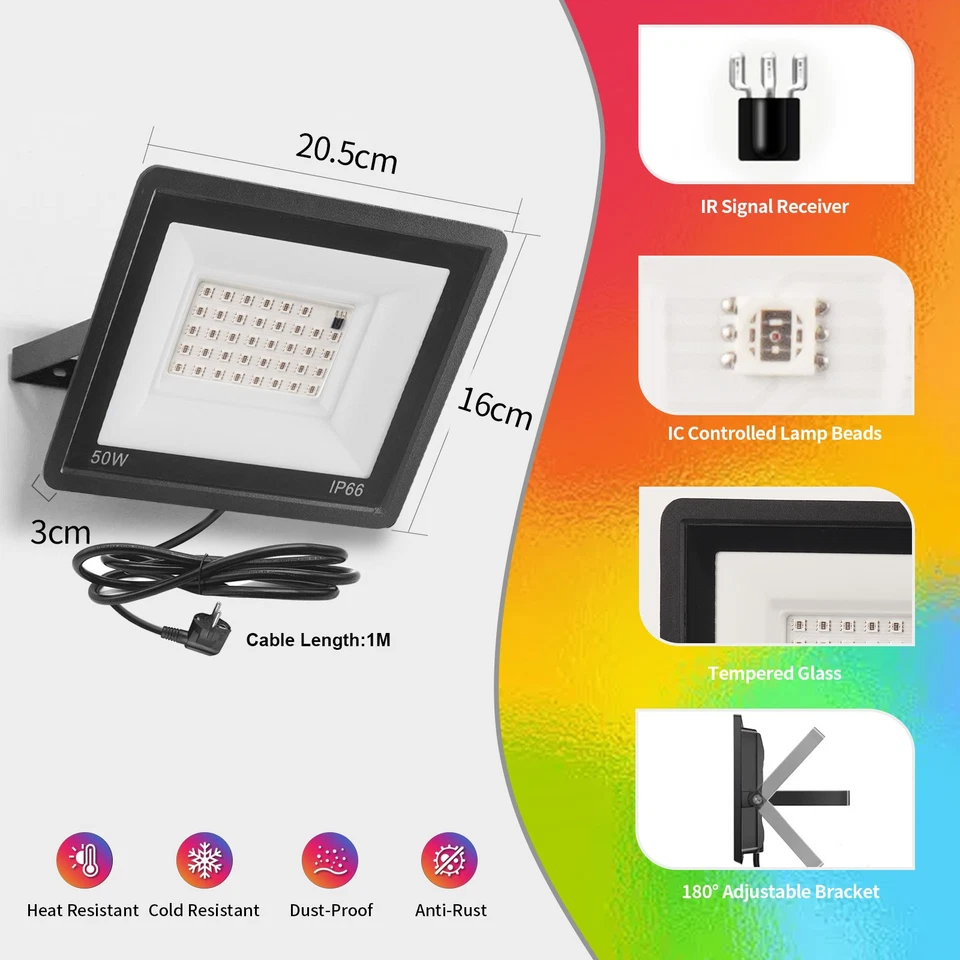 1-10x RGB LED Fluter Außen Strahler Scheinwerfer Dimmbar Außenbeleuchtung 100W - Bild 3 von 4