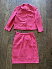Vintage Pink Wool Skirt Suit Medium Peter Pan Collar Midcentury MCM Blazer Set