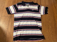 Vintage Avirex White Blue Red Striped Mens Large Y2K Hip Hop Button Polo Shirt