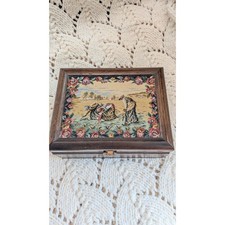 Vintage Japan Wooden Jewelry Box Petit Point Tapestry Lid Mirror Tray Pastoral