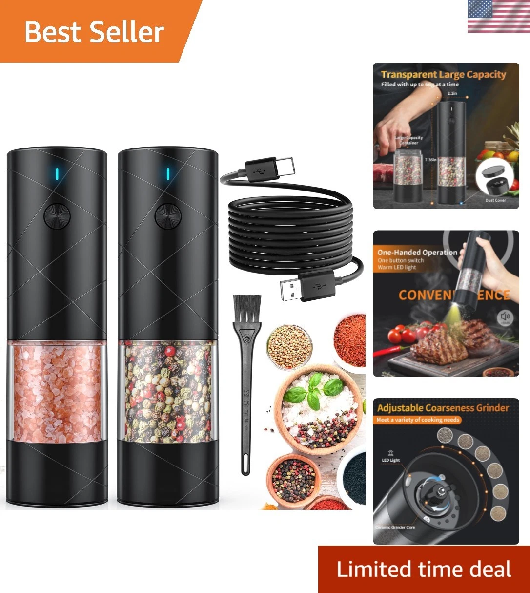 2Pack Electric Salt and Pepper Grinder Set USB Rechargeable with Warm LED Lig...