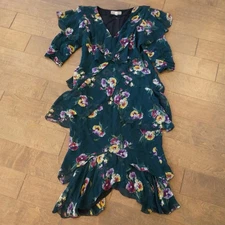 VTG Holly Harp Ruffled Tiered Floral Midi Layered Dress Green Womens Size Small