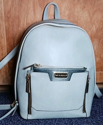 Big Buddha Gray Faux Leather Backpack Purse Gold Tone Zippers Womens Bag