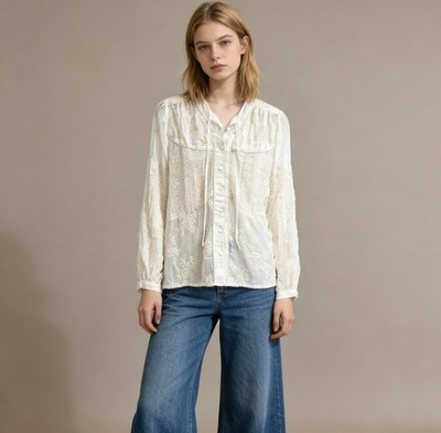 NWOT Johnny Was Embroidered Floral Long-Sleeve Button-Up Shirt Blouse Cream Sz S