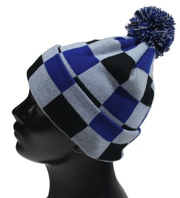 Fiebig Strickmütze Bommelmütze Mütze Schachbrettmuster blau
