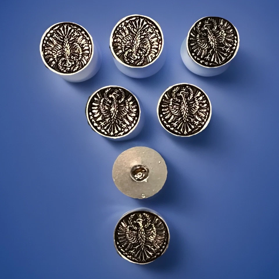 Vtg. Metal Buttons 3/4” Round Silver Color w/Design Phoenix Bird Rising Lot of7 - Image 3 of 4